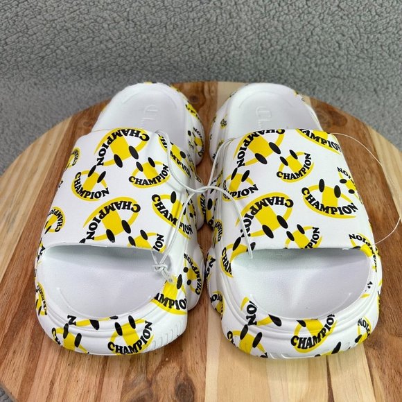 Champion Men\'s Meloso Squish Smile Slides Sandals White Black Yellow Sz 10 main image 4